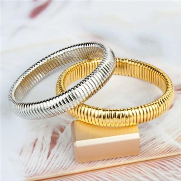 Silver Bangle Set 3 Chunky Stretch 24K 11mm Plated Stainless Steel Wide Stack - Picture 5 of 8